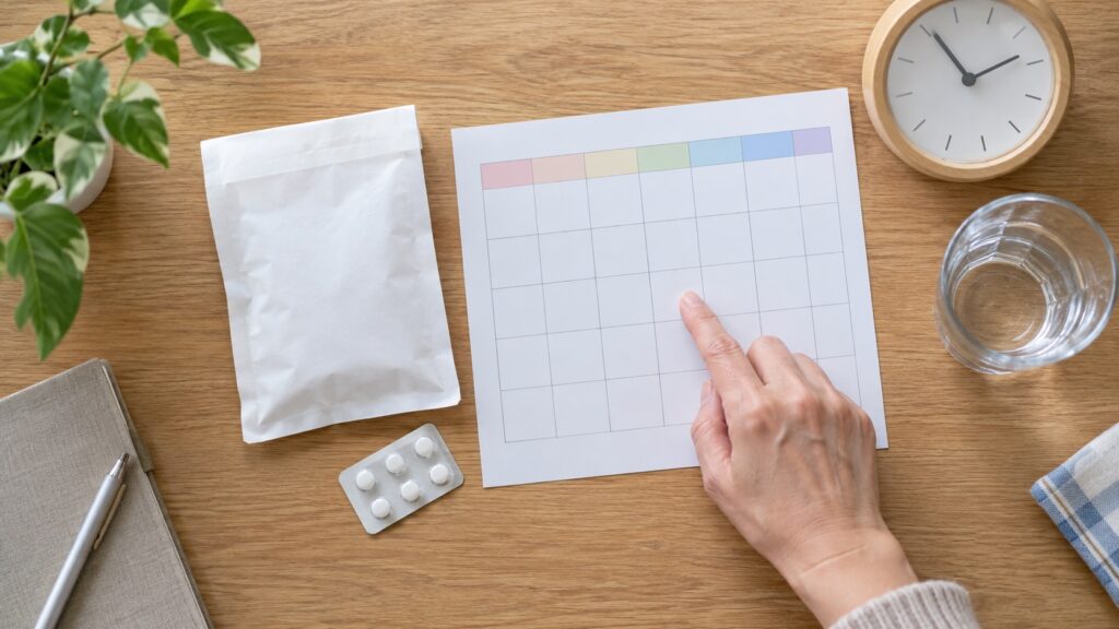薬の袋と予定表を並べて服用の確認をする手元