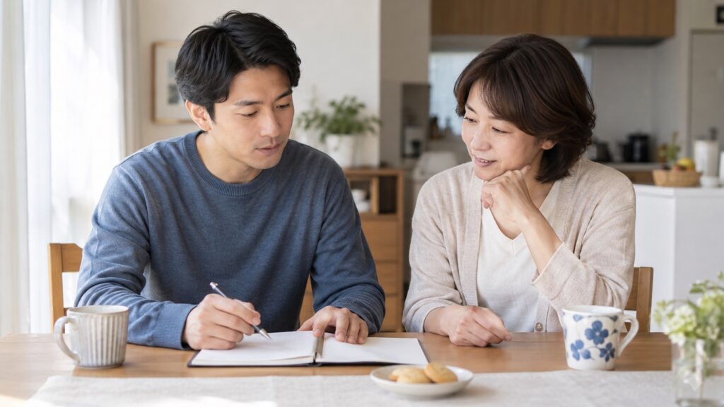 成人本人と家族が落ち着いてノートを見ながら話し合っている