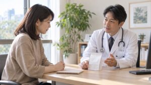 医師と成人が薬袋とノートを前に相談している