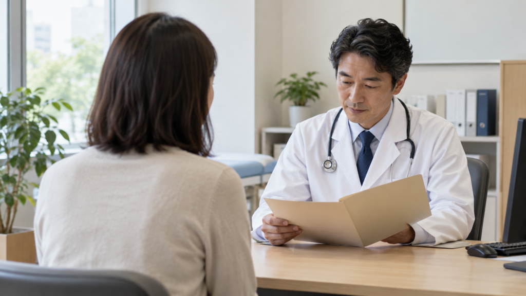診断書の相談で医師と向き合う患者の生成イメージ