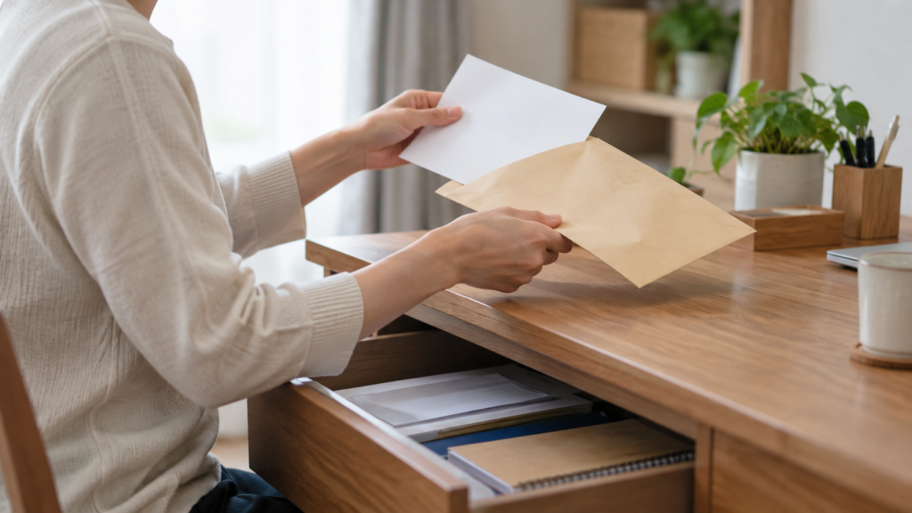 必要な書類だけを封筒へ入れほかの情報を引き出しにしまう様子