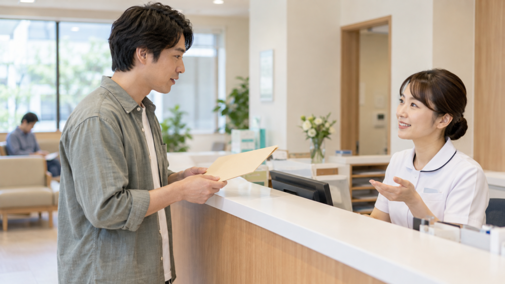 書類の受付カウンターで申込方法を尋ねる患者