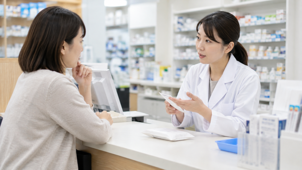 薬局の受付で利用条件を確認する説明用イメージ