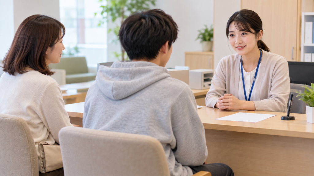 相談の利用条件を受付で確かめる場面の生成イメージ