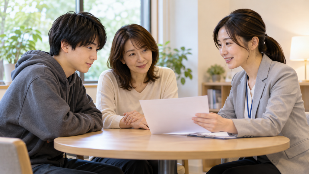 若者と保護者が申込用紙の説明を受ける生成イメージ