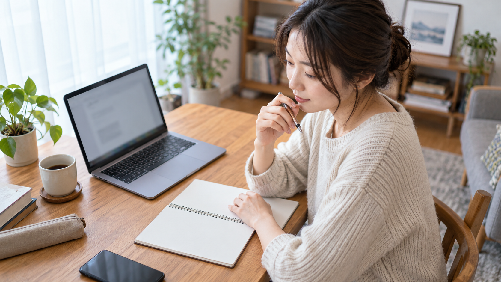 PCとノートを使い相談内容を整理する人