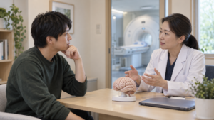 脳の模型を置いた相談室で医師と成人が話し、奥にMRI検査室の入口が見える説明用イメージ