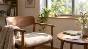 窓辺の椅子とノート、封筒が置かれた落ち着いた室内