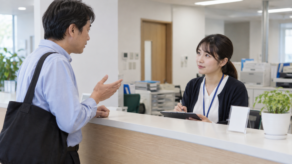 受付カウンターでスタッフと話す成人