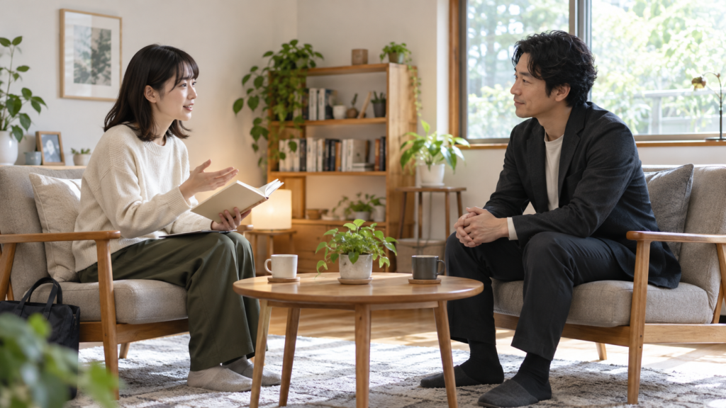 相談室でノートを手に話す女性と耳を傾ける男性