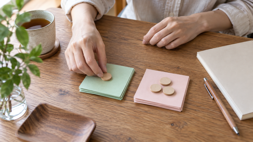 二組の色付きカードを分けて整理する手元