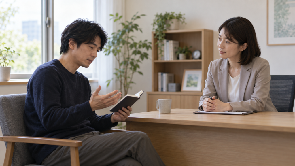 ノートを見ながら面談で困りごとを伝える男性