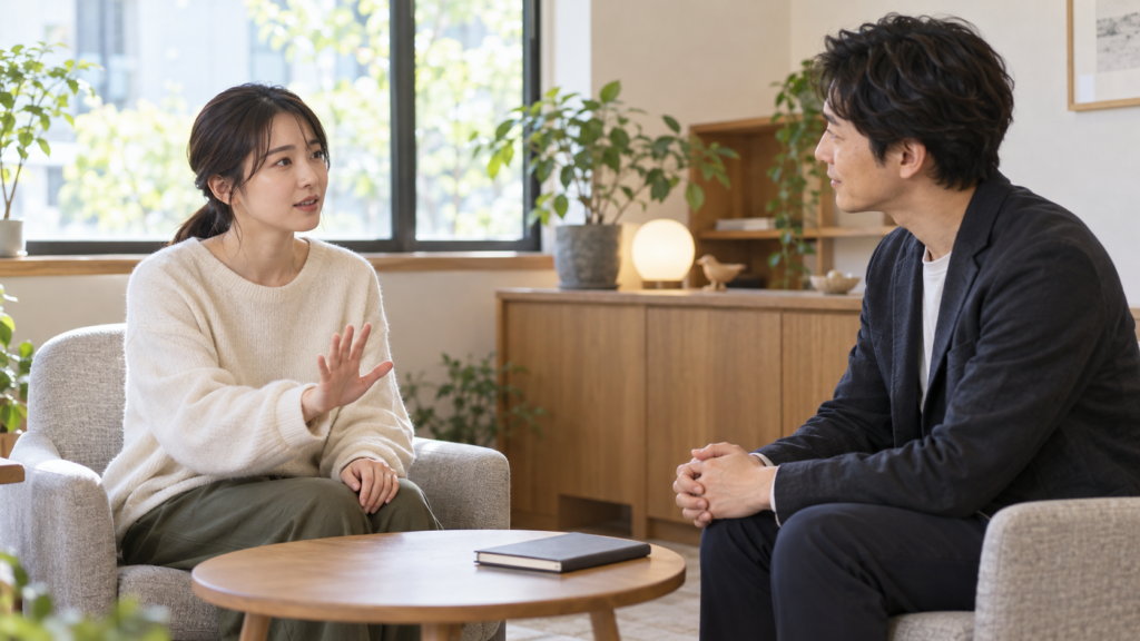 相談室で手のひらを開いて希望を伝える女性