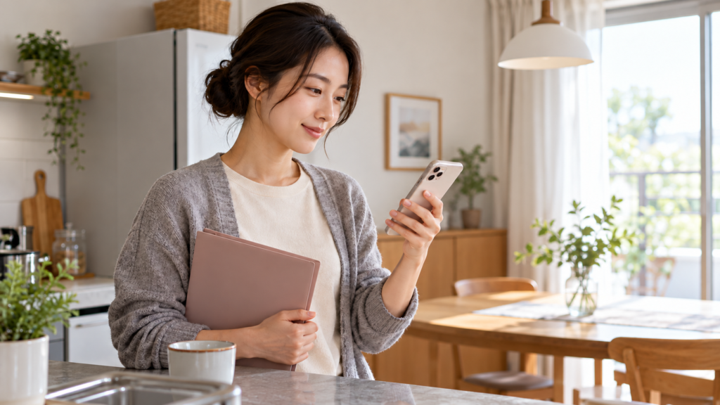 スマートフォンで連絡先を確認する女性