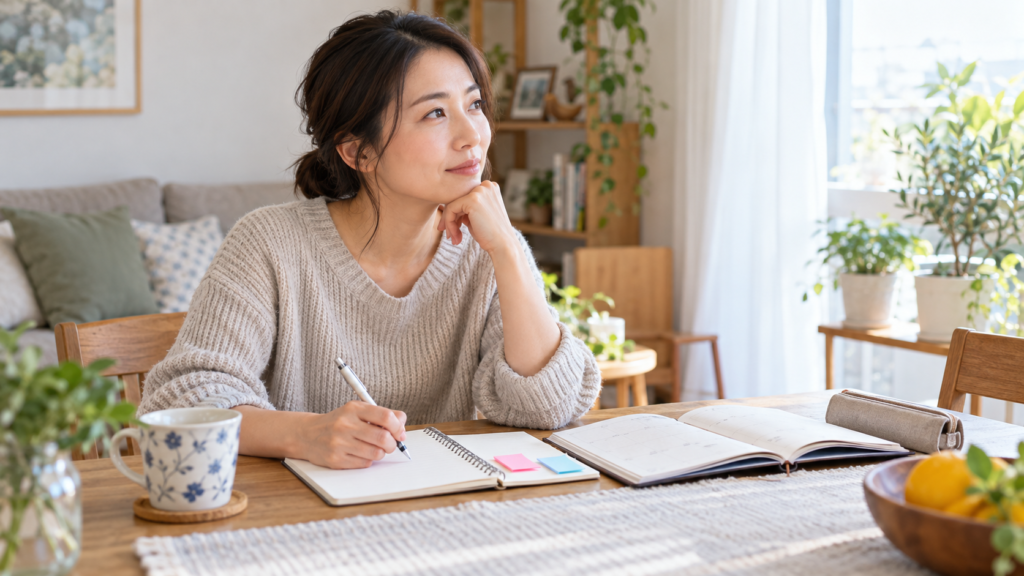 次回の相談に向けて手元のノートを確認する女性