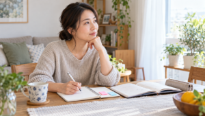 次回の相談に向けて手元のノートを確認する女性