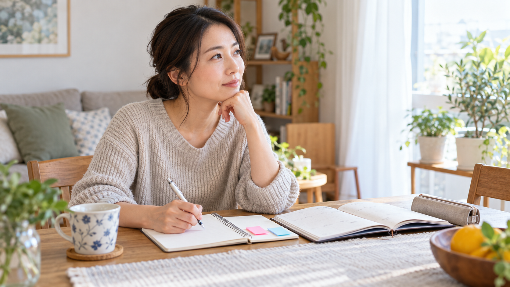 次回の相談に向けて手元のノートを確認する女性