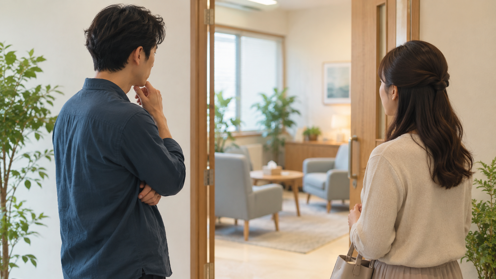 二人で心理相談を受ける前に相談室の入口で立ち止まるイメージ