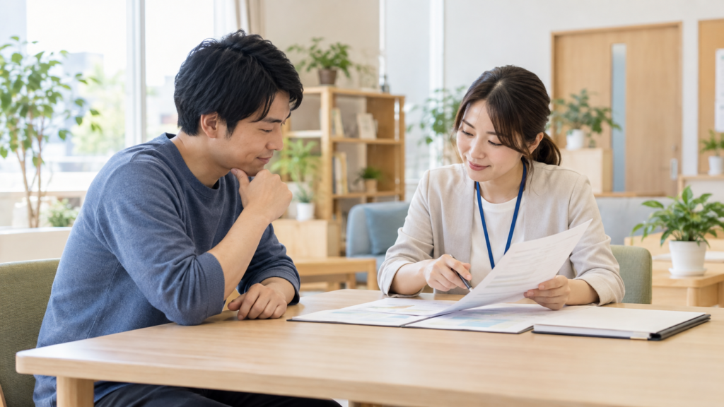 相談員と資料を見ながら福祉サービスの条件を確認する人