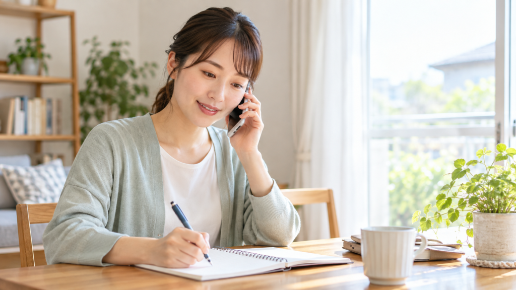 自治体の相談窓口へ電話しながらノートにメモする人
