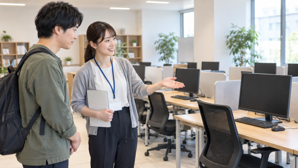 作業室を見学しスタッフから訓練環境の説明を受ける人