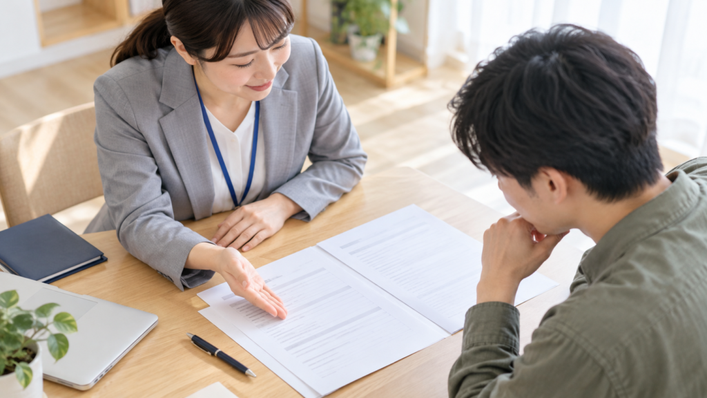 利用に関する書類の説明を受けて内容を確認する人