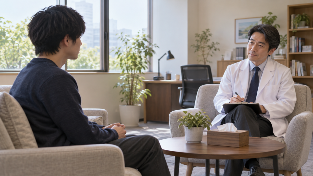 診察室で本人の体調や治療の必要性を聞く医師