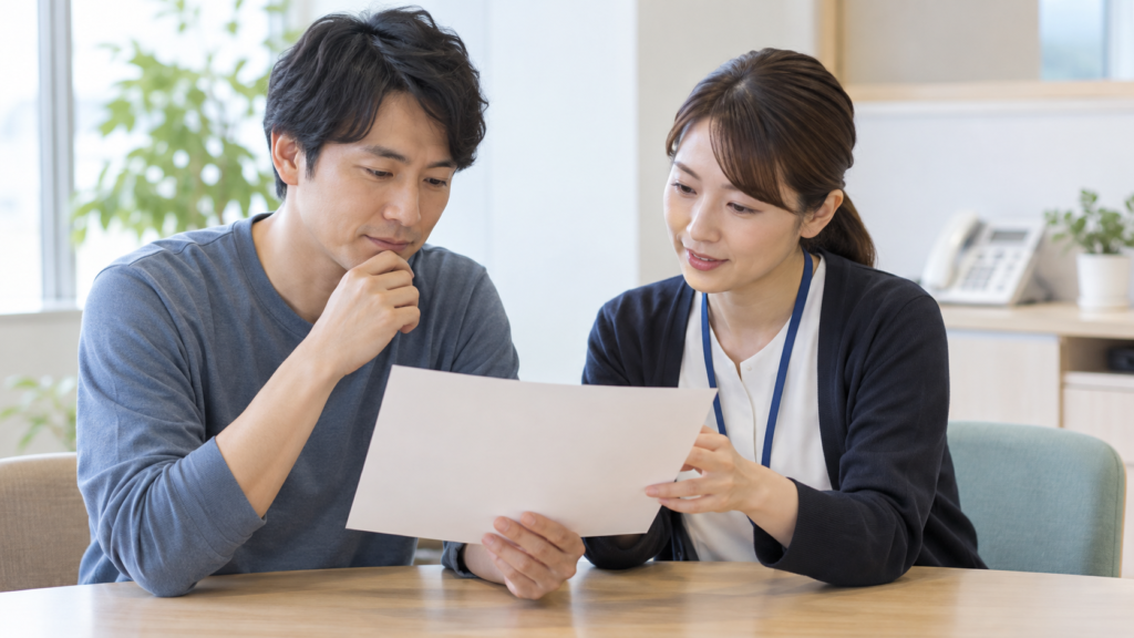 本人と相談員が入院の説明書面を確認する様子