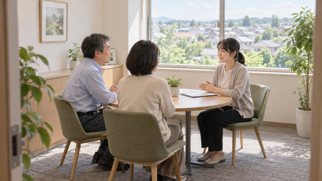 本人と家族が相談員に退院後の生活を相談する場面