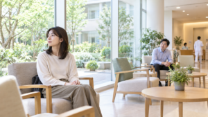 病院の明るい待合スペースで入院の相談を待つ本人と家族