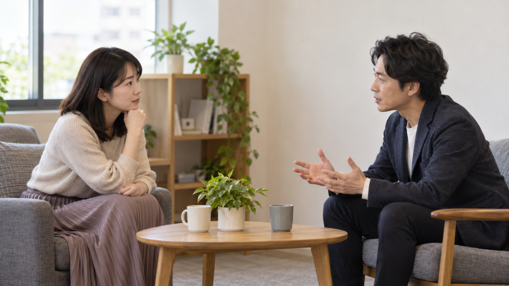 相談室で支援内容の説明を聞く成人