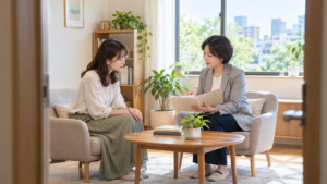 説明を聞きながら支援の選択肢を考える相談者