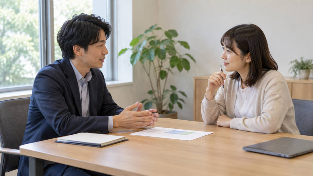 職場の担当者と業務の工夫を相談する場面