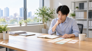 正確な報告につながる仕事の段取りを考える会社員