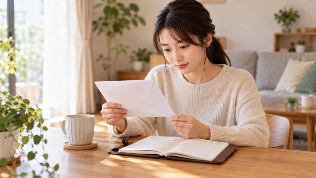 通知書と予定帳を見て次の確認日を考える人