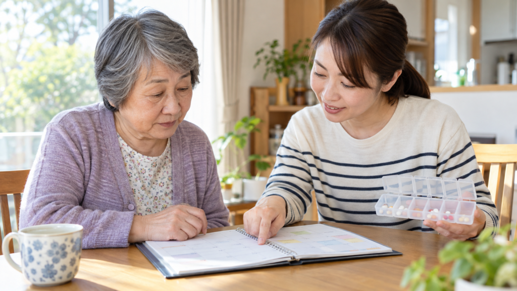 家族と一緒に生活の予定と服薬を確認する人