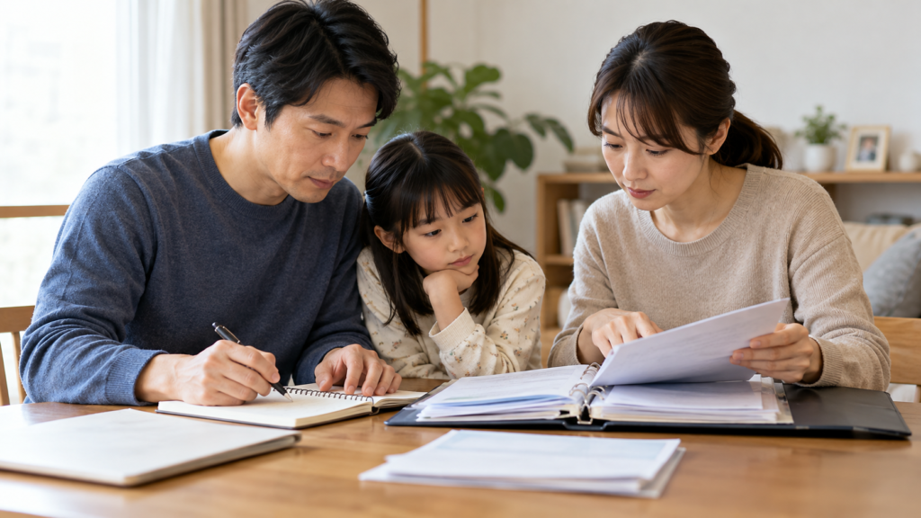 家族と確認しながら病歴のメモを整理する人