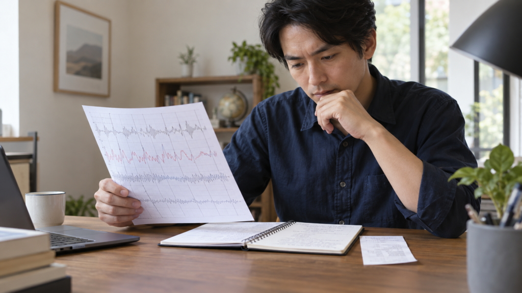 検査結果と別の資料を照らし合わせる人