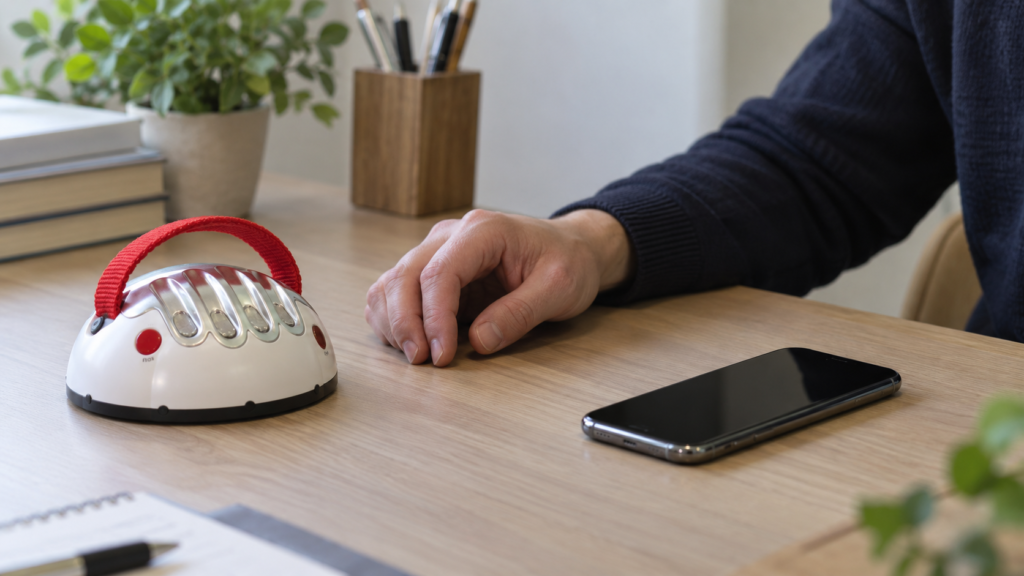 娯楽用の指置き玩具とスマートフォン