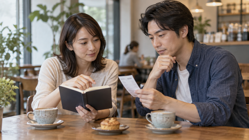 発言の内容と手元の記録を落ち着いて確認する二人
