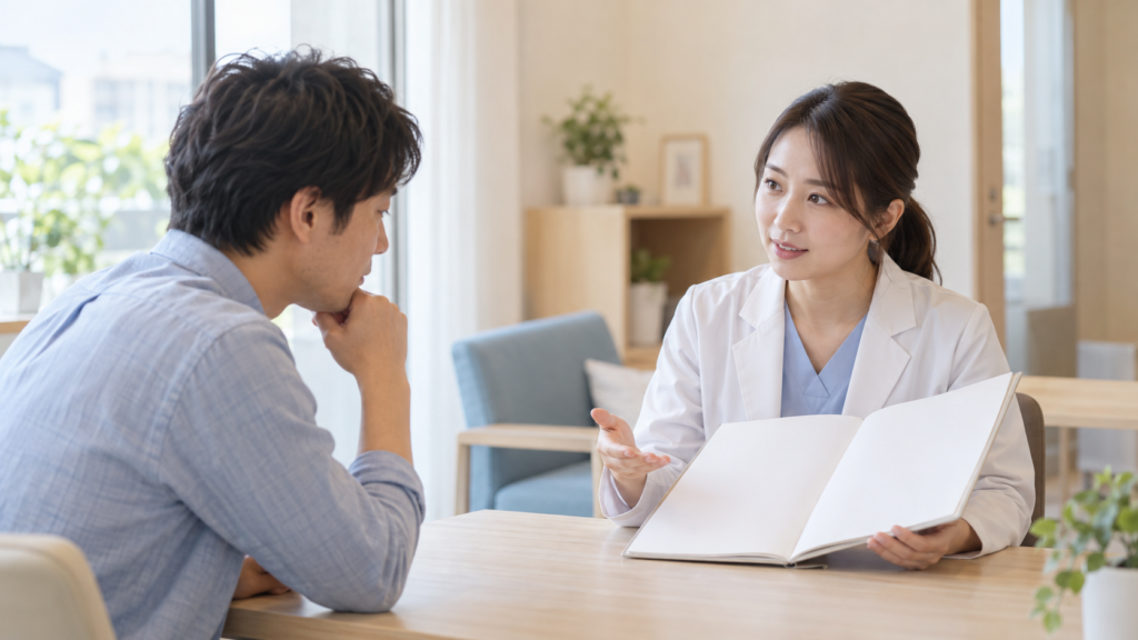 心理検査の目的について説明を受けるイメージ