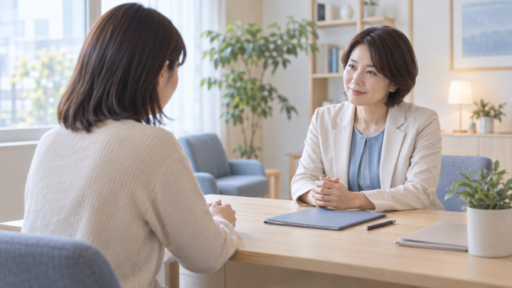 心理検査について相談者と専門職が話し合うイメージ