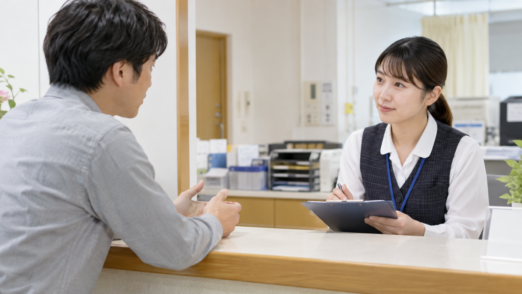 病院の相談窓口で記録の案内を聞く患者