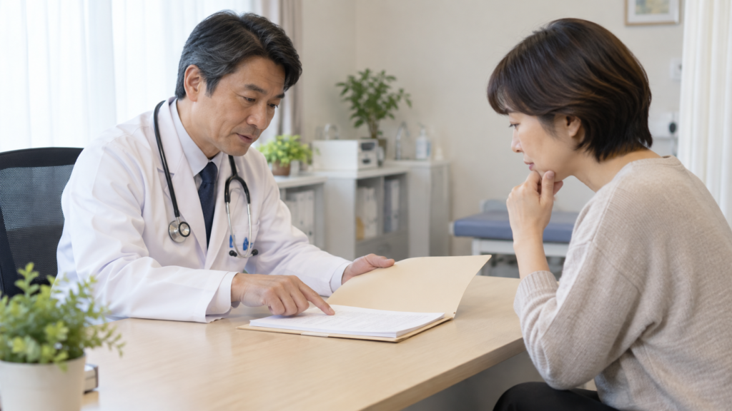 説明を聞くために医師と資料を見る患者