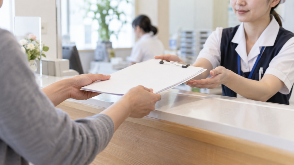 病院の窓口で申請書類を提出する手元