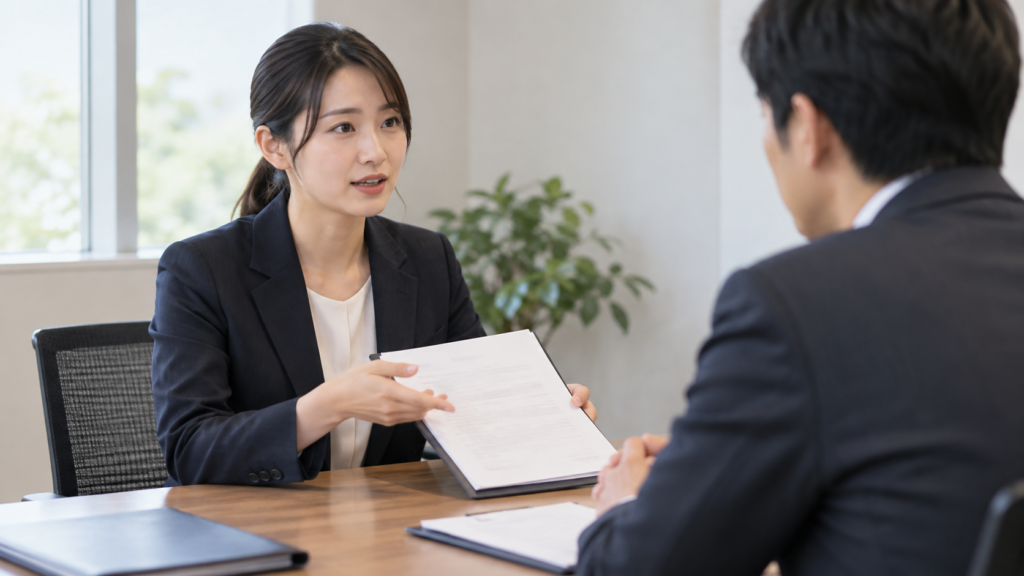 面接の冒頭で応募書類の訂正内容を説明する場面