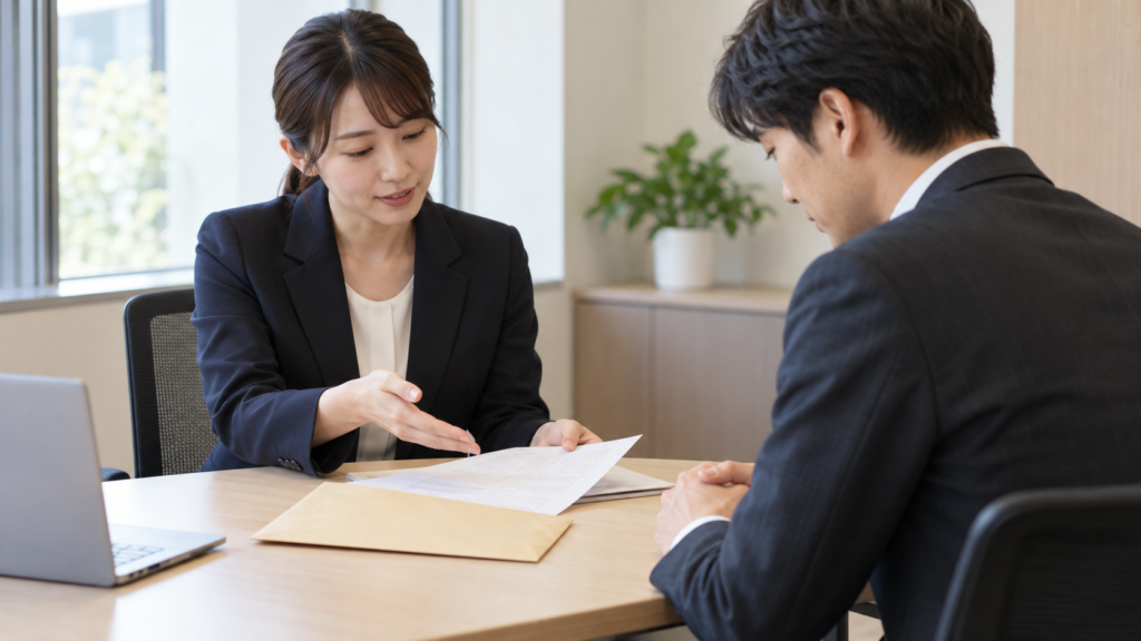 内定後や入社後の訂正手順を担当窓口と確認する場面