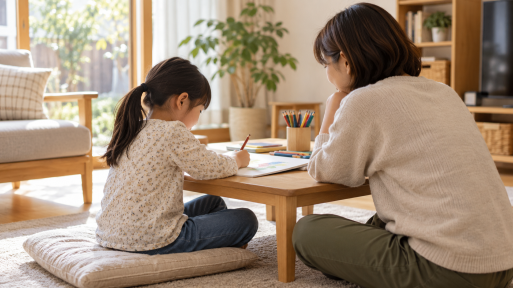 安心できる室内で信頼できる大人と一緒に過ごす子ども