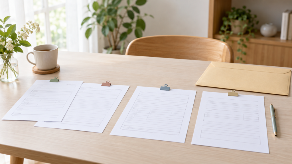 本人と会社と医師が記入する申請書類を分けた机