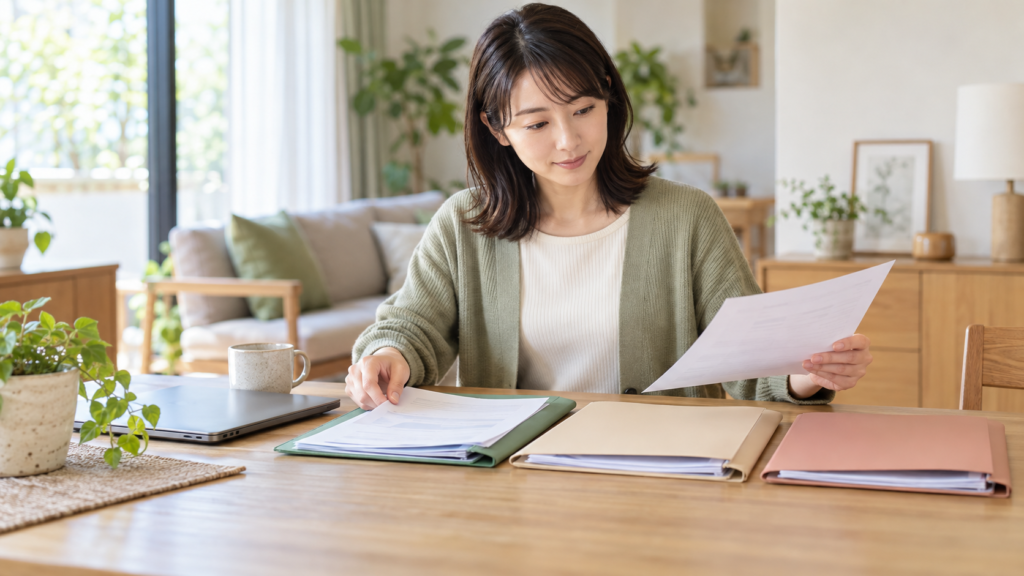 健康保険の案内と休業に関する書類を整理する人